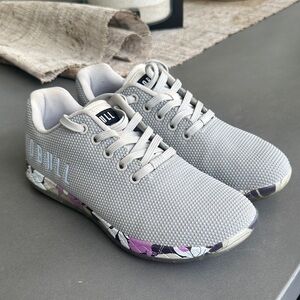 NOBULL Light Gray Knit Athletic Sneakers with Floral-Patterned Midsole.